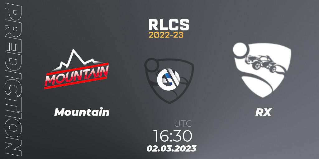 Prognose für das Spiel Mountain VS RX. 02.03.2023 at 16:30. Rocket League - RLCS 2022-23 - Winter: Middle East and North Africa Regional 3 - Winter Invitational
