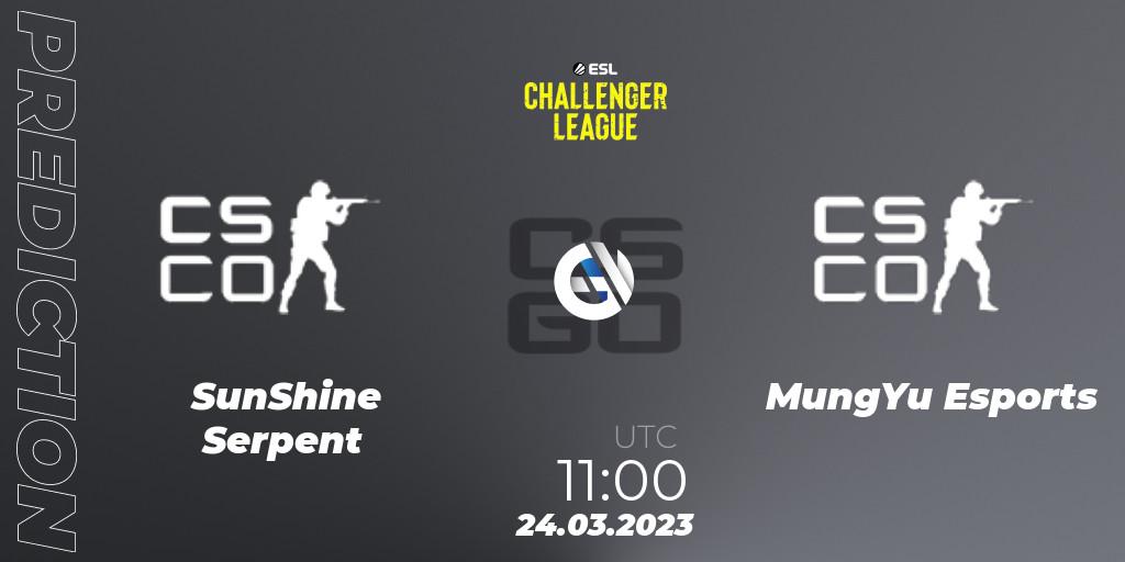 Prognose für das Spiel SunShine Serpent VS MungYu Esports. 24.03.2023 at 11:00. Counter-Strike (CS2) - ESL Challenger League Season 44 Relegation: Asia-Pacific