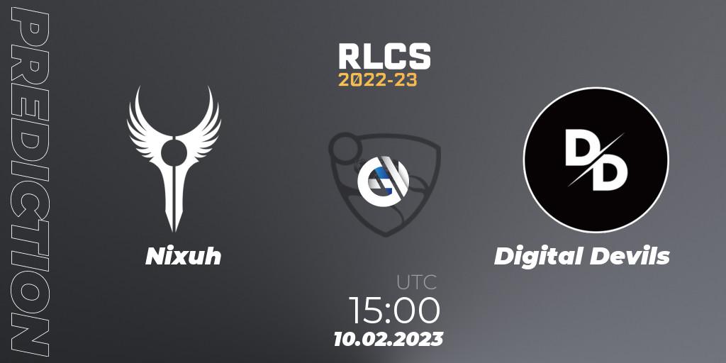Prognose für das Spiel Nixuh VS Digital Devils. 10.02.2023 at 15:00. Rocket League - RLCS 2022-23 - Winter: Sub-Saharan Africa Regional 2 - Winter Cup