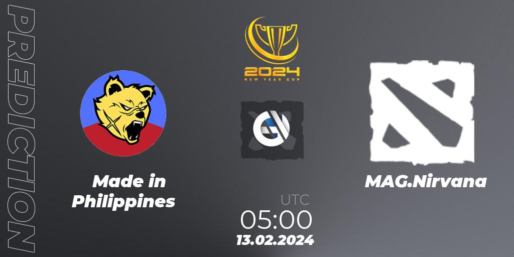 Prognose für das Spiel Made in Philippines VS MAG.Nirvana. 13.02.2024 at 05:10. Dota 2 - New Year Cup 2024