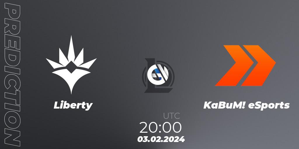 Prognose für das Spiel Liberty VS KaBuM! eSports. 03.02.2024 at 20:00. LoL - CBLOL Split 1 2024 - Group Stage