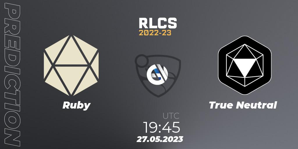 Prognose für das Spiel Ruby VS True Neutral. 27.05.2023 at 19:45. Rocket League - RLCS 2022-23 - Spring: South America Regional 2 - Spring Cup