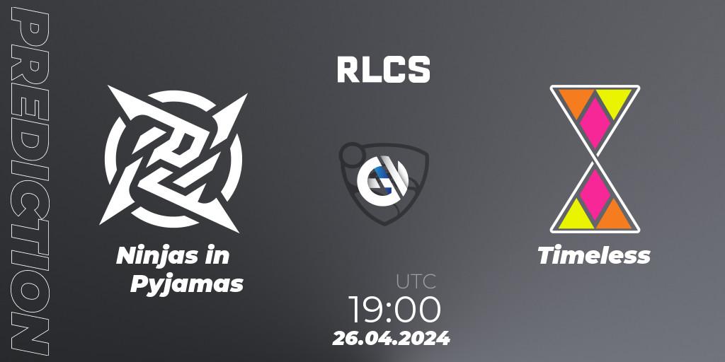 Prognose für das Spiel Ninjas in Pyjamas VS Timeless. 26.04.2024 at 19:00. Rocket League - RLCS 2024 - Major 2: SAM Open Qualifier 4