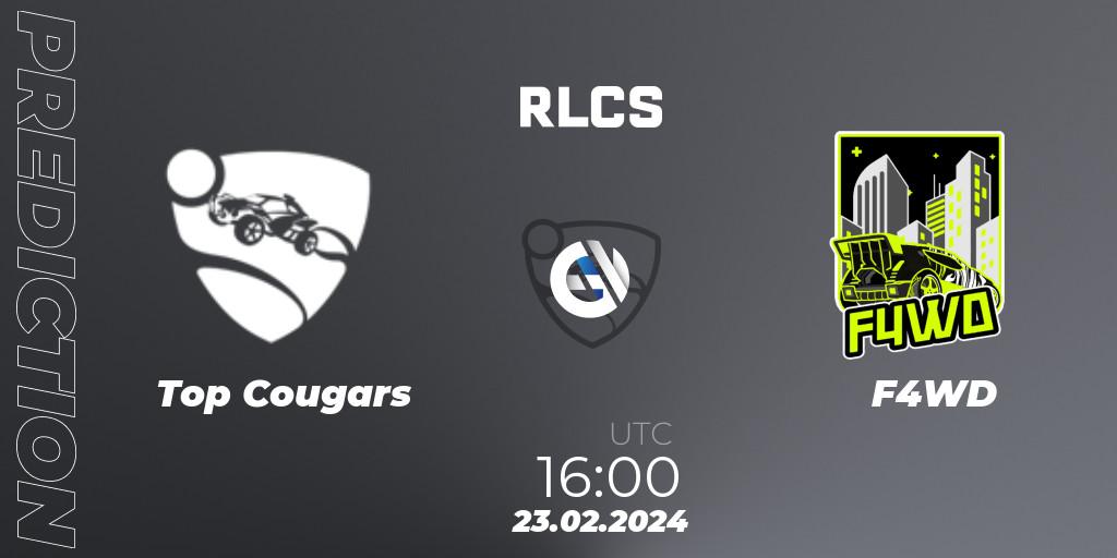 Prognose für das Spiel Top Cougars VS F4WD. 23.02.2024 at 16:00. Rocket League - RLCS 2024 - Major 1: Europe Open Qualifier 2