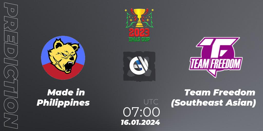 Prognose für das Spiel Made in Philippines VS Team Freedom (Southeast Asian). 16.01.2024 at 07:15. Dota 2 - Xmas Cup 2023
