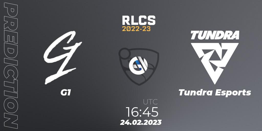 Prognose für das Spiel G1 VS Tundra Esports. 24.02.2023 at 16:45. Rocket League - RLCS 2022-23 - Winter: Europe Regional 3 - Winter Invitational