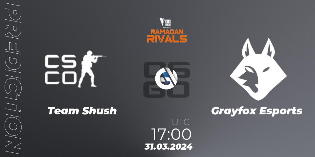 Prognose für das Spiel Team Shush VS Grayfox Esports. 31.03.2024 at 17:00. Counter-Strike (CS2) - GG League Ramadan Rivals 2024: Open Qualifier #3