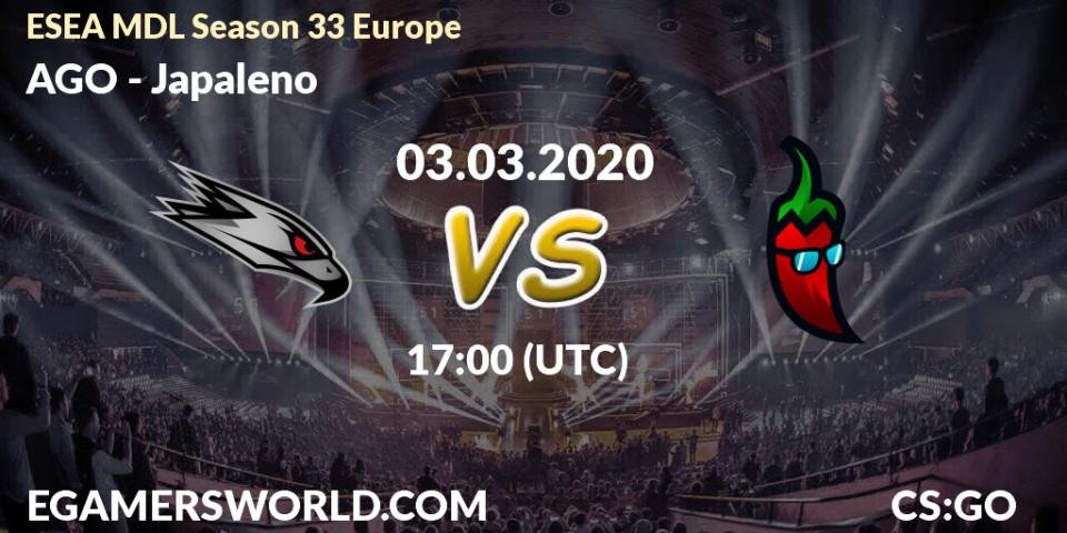 Prognose für das Spiel AGO VS Japaleno. 03.03.20. CS2 (CS:GO) - ESEA MDL Season 33 Europe