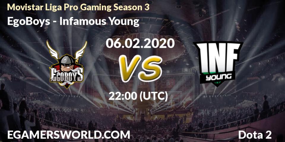 Prognose für das Spiel EgoBoys VS Infamous Young. 06.02.20. Dota 2 - Movistar Liga Pro Gaming Season 3