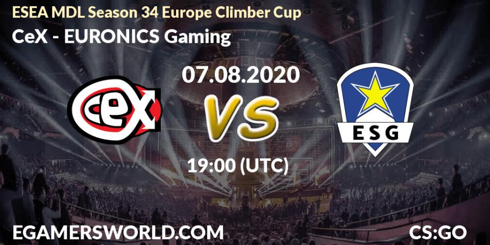 Prognose für das Spiel CeX VS EURONICS Gaming. 07.08.20. CS2 (CS:GO) - ESEA MDL Season 34 Europe Climber Cup