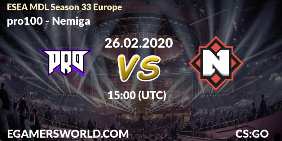 Prognose für das Spiel pro100 VS Nemiga. 26.02.20. CS2 (CS:GO) - ESEA MDL Season 33 Europe