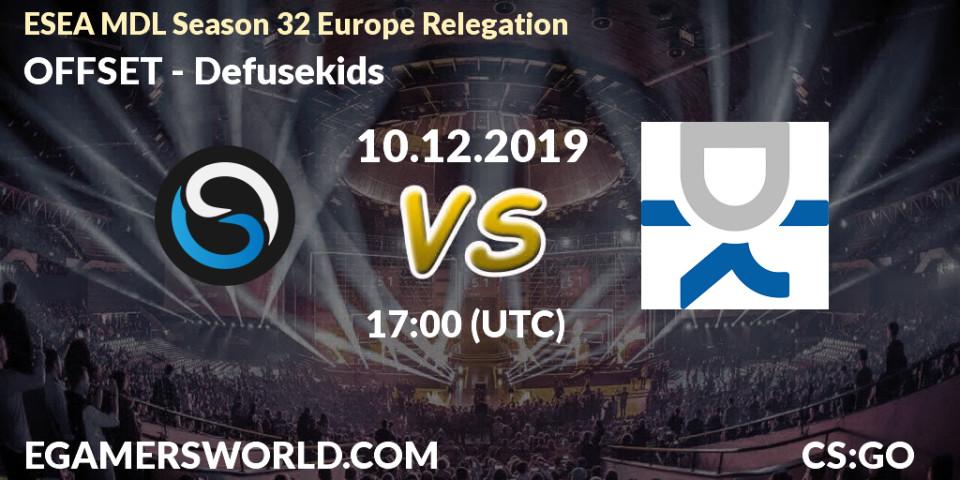 Prognose für das Spiel OFFSET VS Defusekids. 10.12.19. CS2 (CS:GO) - ESEA MDL Season 32 Europe Relegation