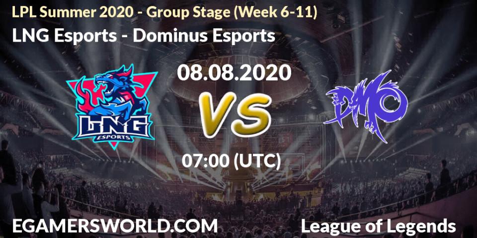 Prognose für das Spiel LNG Esports VS Dominus Esports. 08.08.20. LoL - LPL Summer 2020 - Group Stage (Week 6-11)