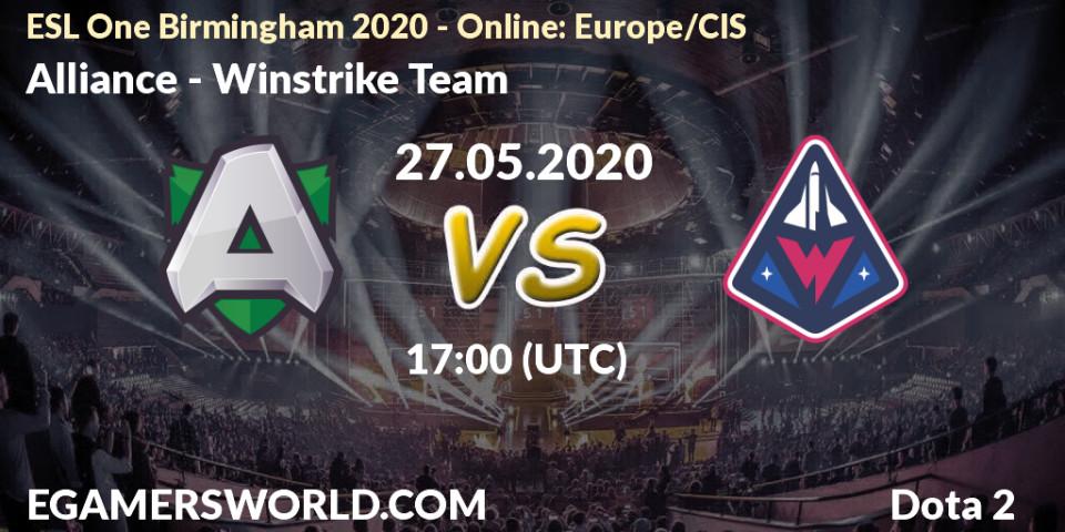 Prognose für das Spiel Alliance VS Winstrike Team. 27.05.20. Dota 2 - ESL One Birmingham 2020 - Online: Europe/CIS