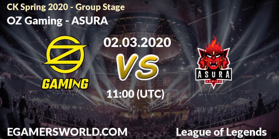 Prognose für das Spiel OZ Gaming VS ASURA. 02.03.20. LoL - CK Spring 2020 - Group Stage