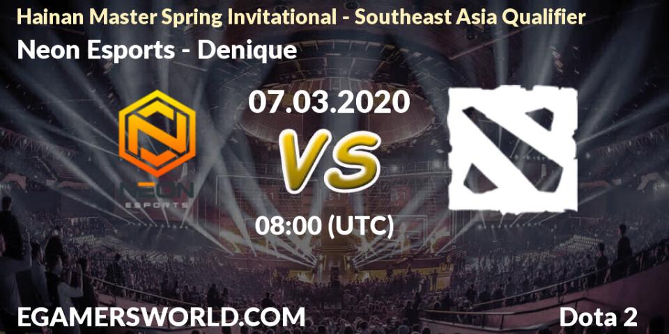 Prognose für das Spiel Neon Esports VS Denique. 07.03.20. Dota 2 - Hainan Master Spring Invitational - Southeast Asia Qualifier
