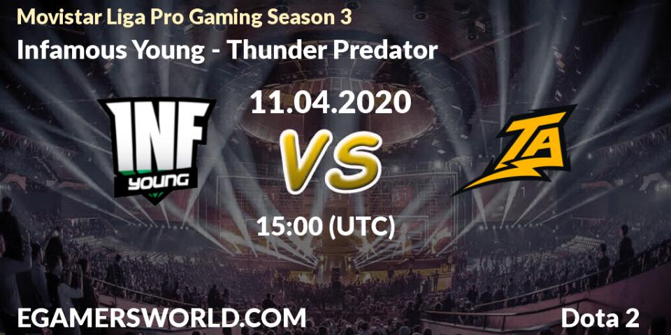 Prognose für das Spiel Infamous Young VS Thunder Predator. 11.04.20. Dota 2 - Movistar Liga Pro Gaming Season 3