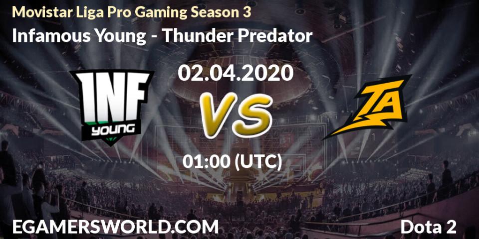 Prognose für das Spiel Infamous Young VS Thunder Predator. 02.04.20. Dota 2 - Movistar Liga Pro Gaming Season 3