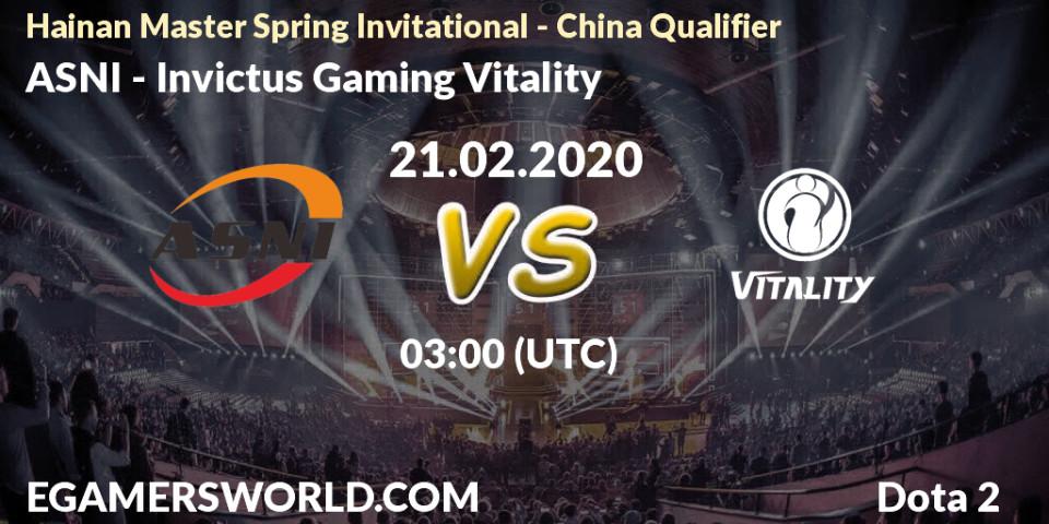 Prognose für das Spiel ASNI VS Invictus Gaming Vitality. 21.02.20. Dota 2 - Hainan Master Spring Invitational - China Qualifier