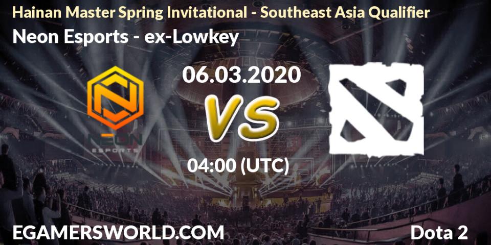 Prognose für das Spiel Neon Esports VS ex-Lowkey. 06.03.20. Dota 2 - Hainan Master Spring Invitational - Southeast Asia Qualifier