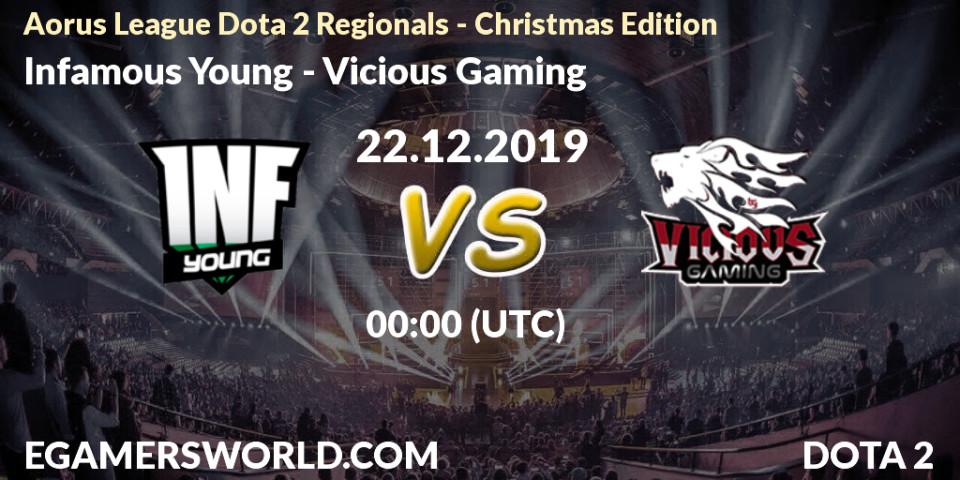 Prognose für das Spiel Infamous Young VS Vicious Gaming. 21.12.19. Dota 2 - Aorus League Dota 2 Regionals - Christmas Edition