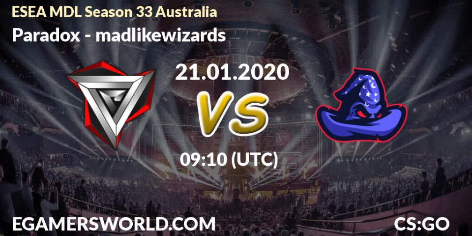 Prognose für das Spiel Paradox VS madlikewizards. 22.01.20. CS2 (CS:GO) - ESEA MDL Season 33 Australia
