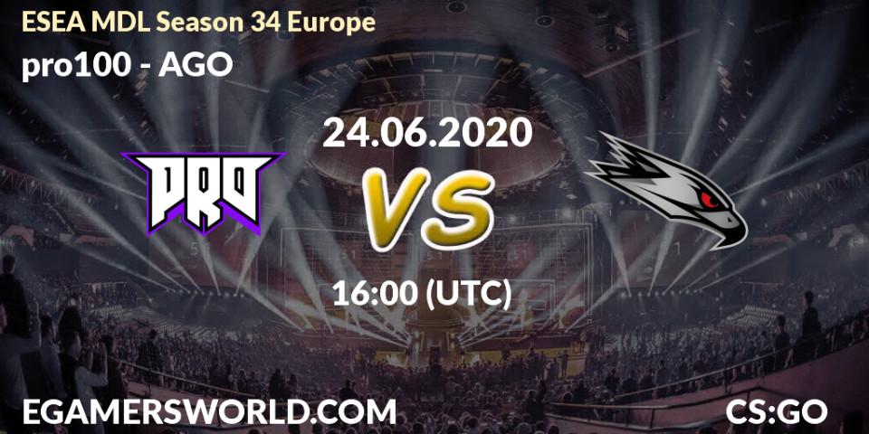 Prognose für das Spiel pro100 VS AGO. 24.06.20. CS2 (CS:GO) - ESEA MDL Season 34 Europe