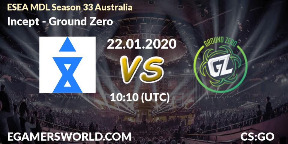 Prognose für das Spiel Incept VS Ground Zero. 22.01.20. CS2 (CS:GO) - ESEA MDL Season 33 Australia