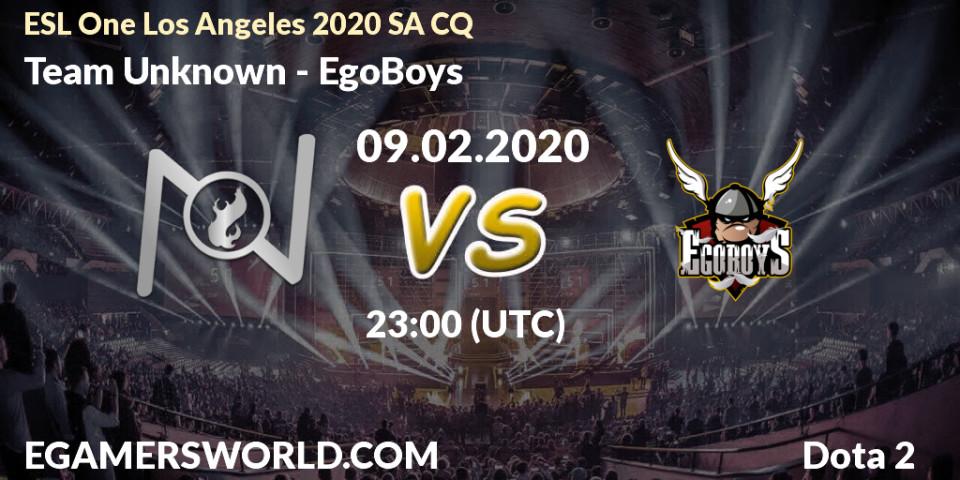Prognose für das Spiel Team Unknown VS EgoBoys. 10.02.20. Dota 2 - ESL One Los Angeles 2020 SA CQ