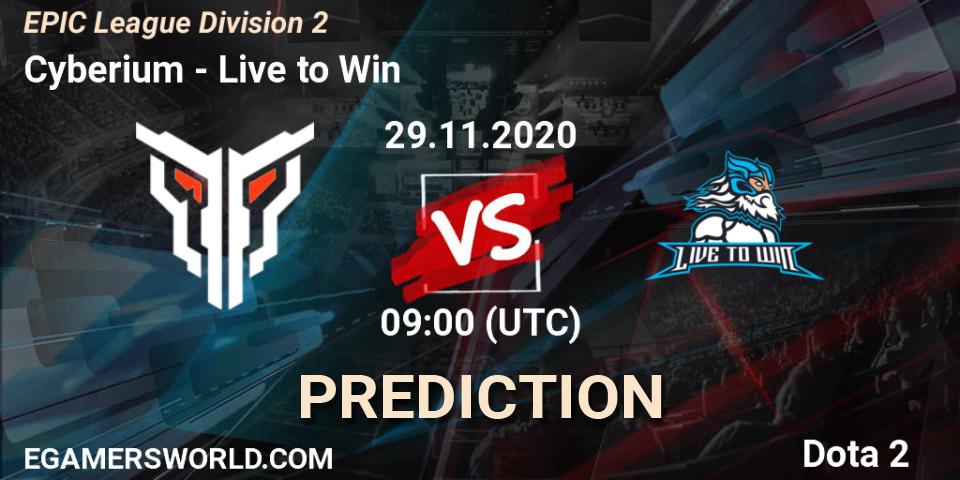 Prognose für das Spiel Cyberium VS Live to Win. 29.11.20. Dota 2 - EPIC League Division 2