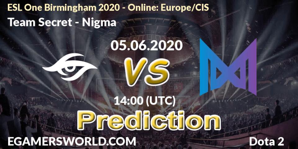 Prognose für das Spiel Team Secret VS Nigma. 05.06.20. Dota 2 - ESL One Birmingham 2020 - Online: Europe/CIS