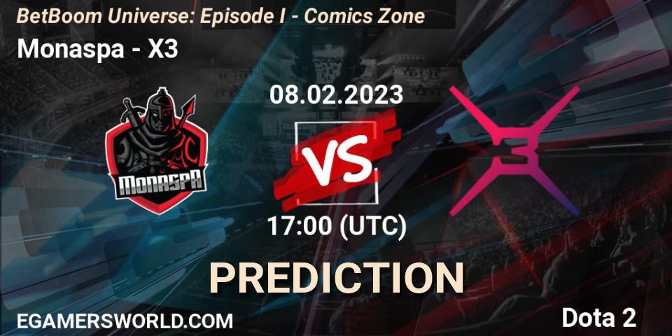 Prognose für das Spiel Monaspa VS X3. 08.02.23. Dota 2 - BetBoom Universe: Episode I - Comics Zone