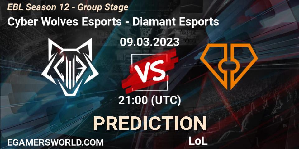Prognose für das Spiel Cyber Wolves Esports VS Diamant Esports. 09.03.23. LoL - EBL Season 12 - Group Stage