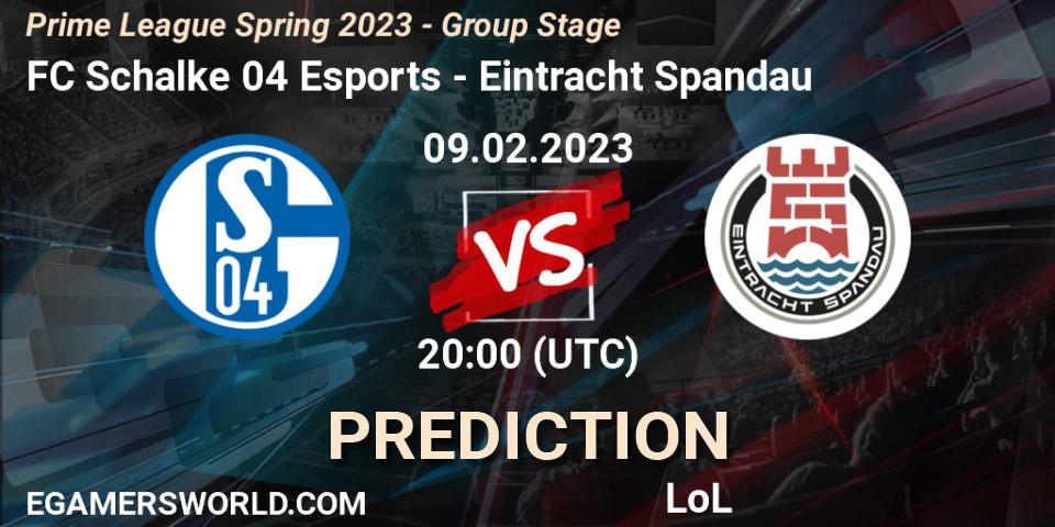 Prognose für das Spiel FC Schalke 04 Esports VS Eintracht Spandau. 09.02.23. LoL - Prime League Spring 2023 - Group Stage