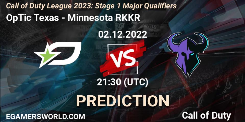Prognose für das Spiel OpTic Texas VS Minnesota RØKKR. 02.12.22. Call of Duty - Call of Duty League 2023: Stage 1 Major Qualifiers