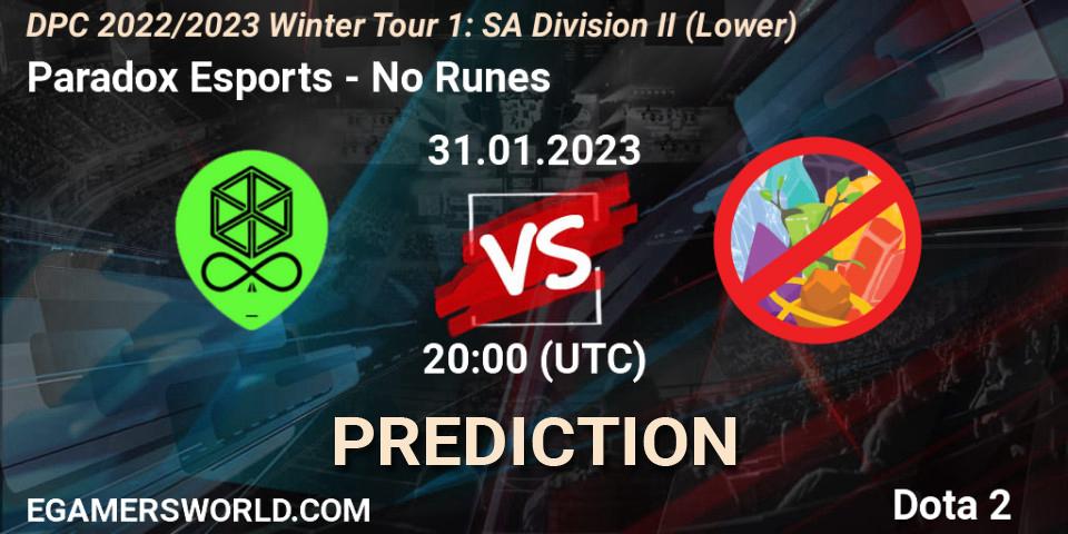 Prognose für das Spiel Paradox Esports VS No Runes. 31.01.23. Dota 2 - DPC 2022/2023 Winter Tour 1: SA Division II (Lower)
