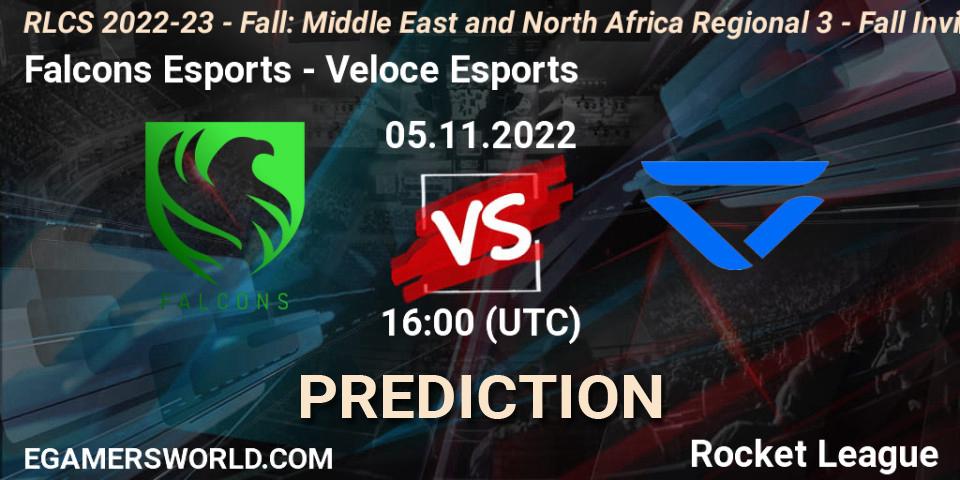 Prognose für das Spiel Falcons Esports VS Veloce Esports. 05.11.22. Rocket League - RLCS 2022-23 - Fall: Middle East and North Africa Regional 3 - Fall Invitational