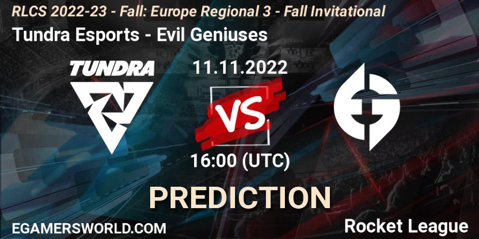 Prognose für das Spiel Tundra Esports VS Evil Geniuses. 11.11.22. Rocket League - RLCS 2022-23 - Fall: Europe Regional 3 - Fall Invitational