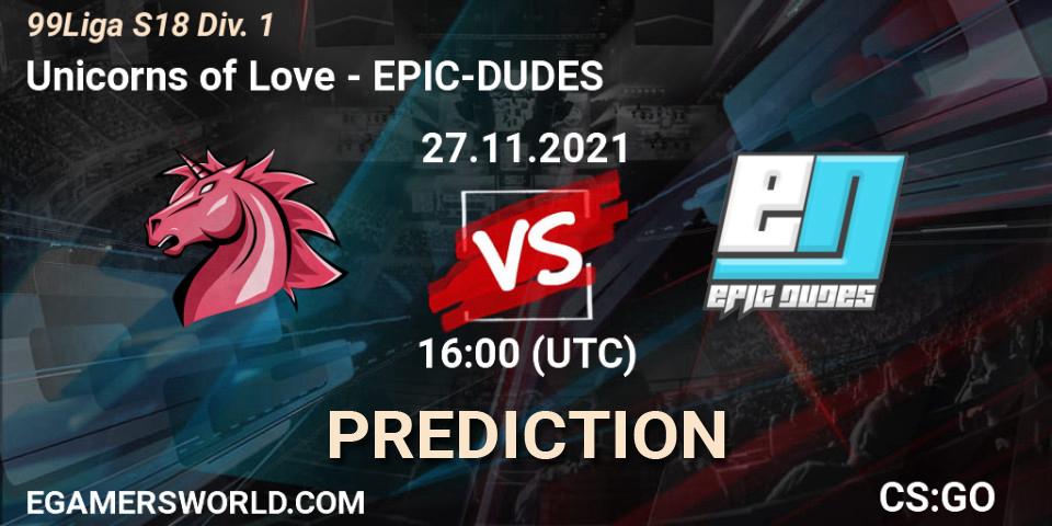Prognose für das Spiel Unicorns of Love VS EPIC-DUDES. 27.11.21. CS2 (CS:GO) - 99Liga S18 Div. 1