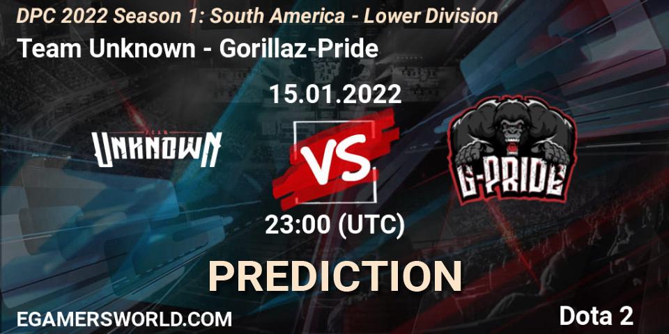 Prognose für das Spiel Team Unknown VS Gorillaz-Pride. 15.01.22. Dota 2 - DPC 2022 Season 1: South America - Lower Division