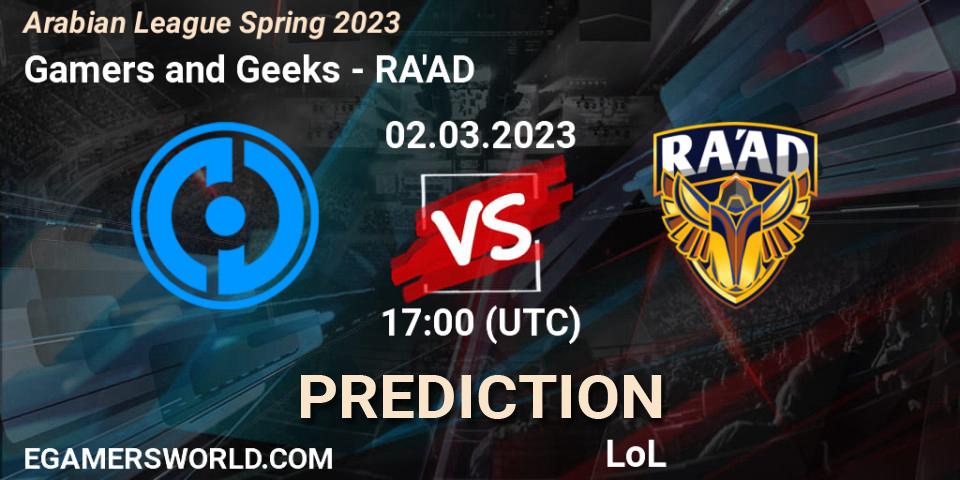 Prognose für das Spiel Gamers and Geeks VS RA'AD. 09.02.23. LoL - Arabian League Spring 2023