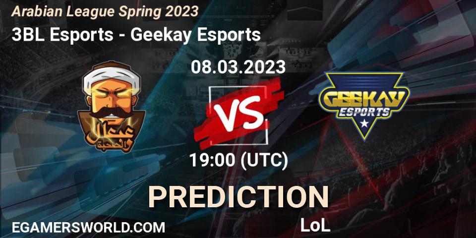 Prognose für das Spiel 3BL Esports VS Geekay Esports. 15.02.23. LoL - Arabian League Spring 2023