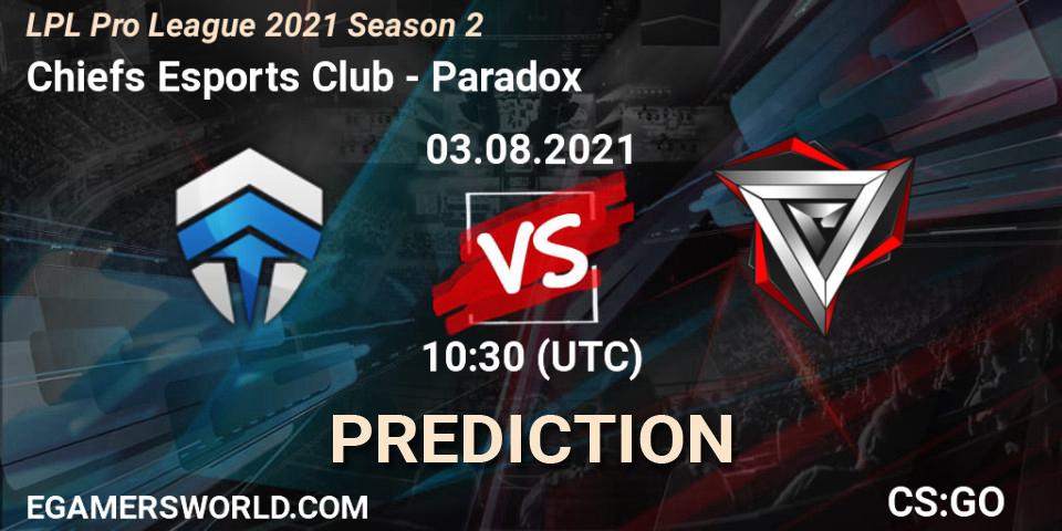 Prognose für das Spiel Chiefs Esports Club VS Paradox. 03.08.21. CS2 (CS:GO) - LPL Pro League 2021 Season 2