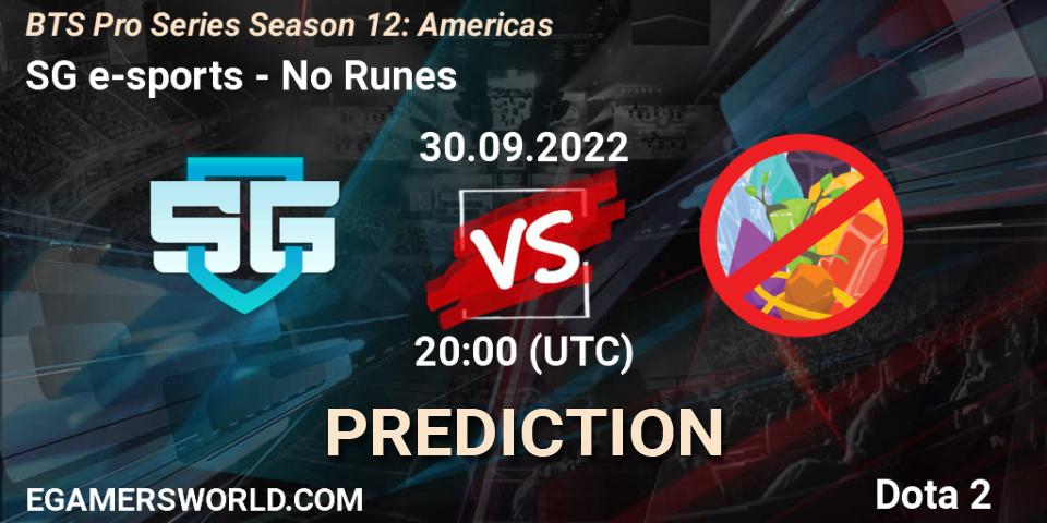Prognose für das Spiel SG e-sports VS No Runes. 30.09.22. Dota 2 - BTS Pro Series Season 12: Americas