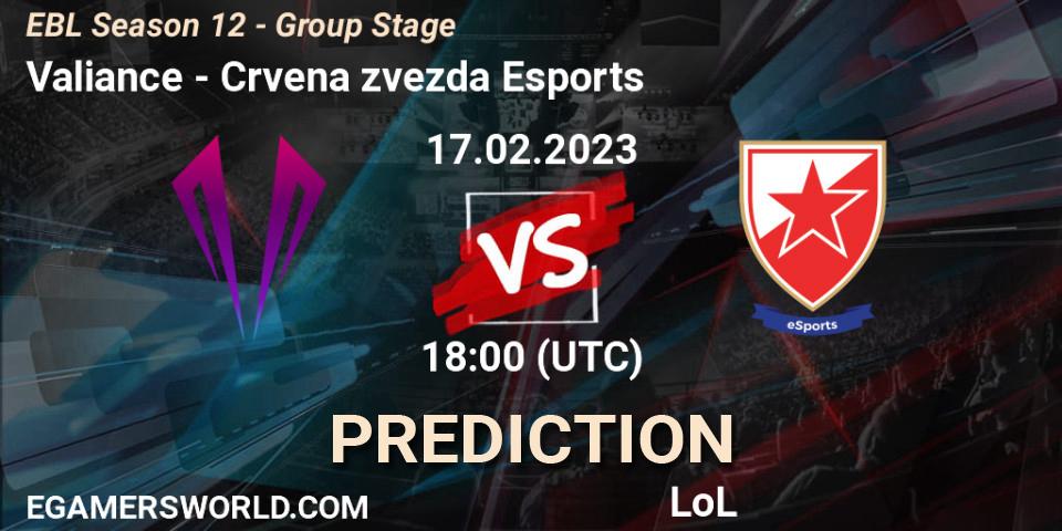 Prognose für das Spiel Valiance VS Crvena zvezda Esports. 17.02.23. LoL - EBL Season 12 - Group Stage
