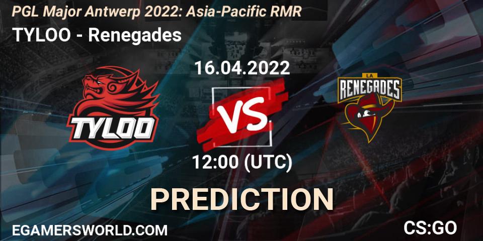 Prognose für das Spiel TYLOO VS Renegades. 16.04.22. CS2 (CS:GO) - PGL Major Antwerp 2022: Asia-Pacific RMR