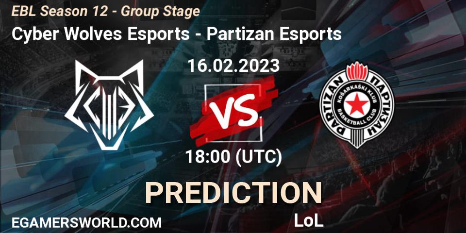 Prognose für das Spiel Cyber Wolves Esports VS Partizan Esports. 16.02.23. LoL - EBL Season 12 - Group Stage