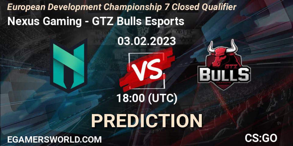Prognose für das Spiel Nexus Gaming VS GTZ Bulls Esports. 03.02.23. CS2 (CS:GO) - European Development Championship 7 Closed Qualifier