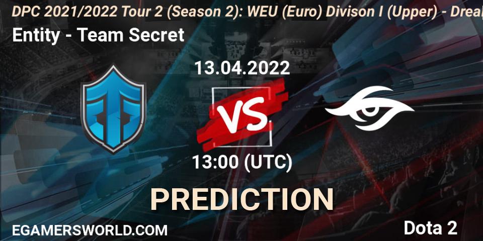 Prognose für das Spiel Entity VS Team Secret. 13.04.22. Dota 2 - DPC 2021/2022 Tour 2 (Season 2): WEU (Euro) Divison I (Upper) - DreamLeague Season 17