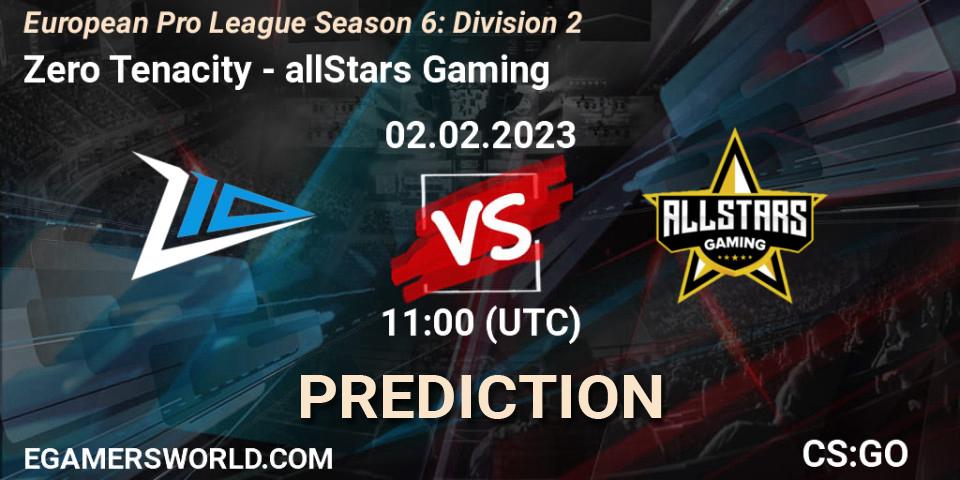 Prognose für das Spiel Zero Tenacity VS allStars Gaming. 02.02.23. CS2 (CS:GO) - European Pro League Season 6: Division 2